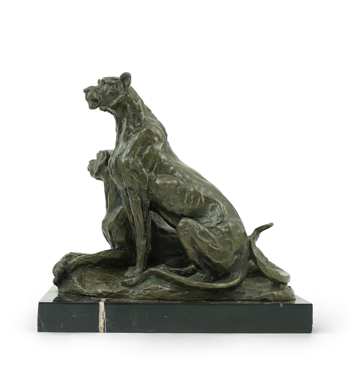 Miguel Fernando Lopez (Portuguese, contemporary): A painted bronze group of two lionesses